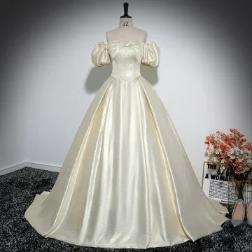 Elegant Champagne Satin Prom Dresses 2024 Ball Gown Off The Shoulder Short Sleeve Backless Floor Length Long Prom Formal Dresses