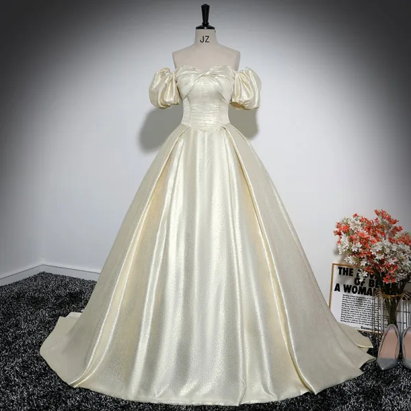 Elegant Champagne Satin Prom Dresses 2024 Ball Gown Off-The-Shoulder Short Sleeve Backless Floor-Length / Long Prom Formal Dresses