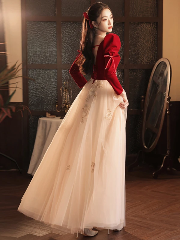 Elegant Burgundy Rhinestone Lace Flower Prom Dresses 2023 A-Line / Princess Square Neckline Long Sleeve Backless Floor-Length / Long Prom Formal Dresses