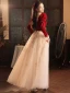 Elegant Burgundy Rhinestone Lace Flower Prom Dresses 2023 A-Line / Princess Square Neckline Long Sleeve Backless Floor-Length / Long Prom Formal Dresses