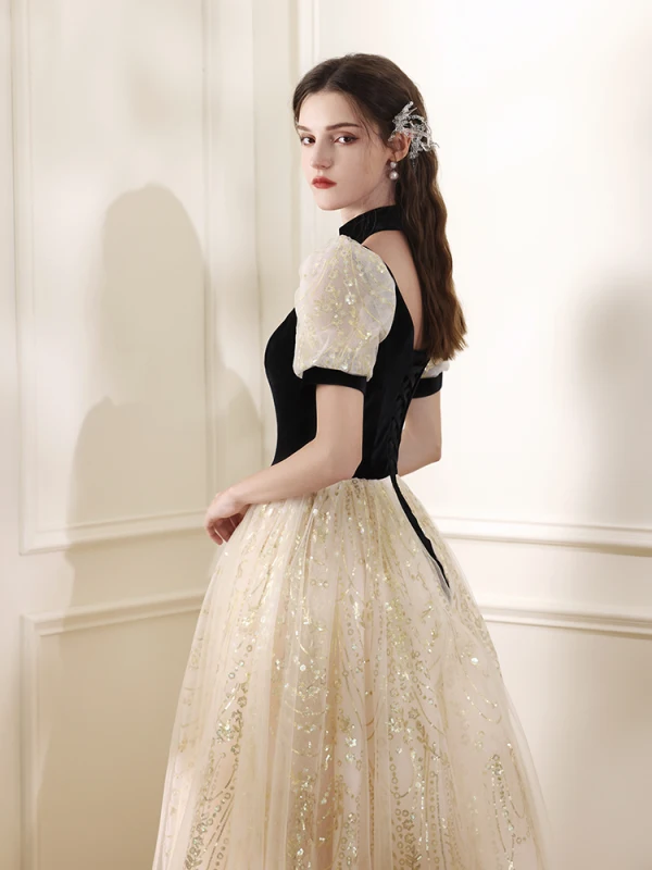 Bling Bling Black Sequins Prom Dresses 2024 A-Line / Princess Square Neckline Short Sleeve Backless Floor-Length / Long Prom Formal Dresses