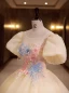 Elegant Champagne Pearl Lace Flower Prom Dresses 2022 Ball Gown Scoop Neck Puffy Short Sleeve Backless Floor-Length / Long Formal Dresses