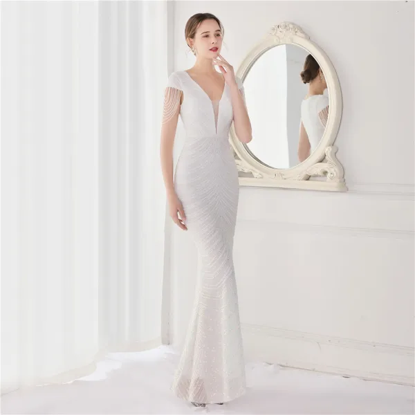 Sexy Black Beading Sequins Evening Dresses 2022 Trumpet / Mermaid V-Neck Sleeveless Floor-Length / Long Evening Party Formal Dresses