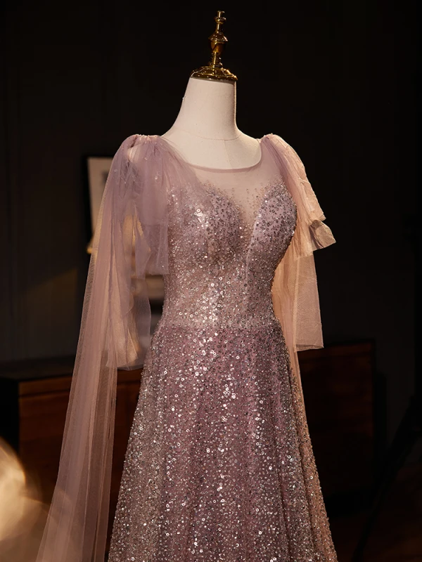 Sparkly Blushing Pink Sequins Prom Dresses 2024 A-Line / Princess Scoop Neck Short Sleeve Backless Floor-Length / Long Prom Formal Dresses