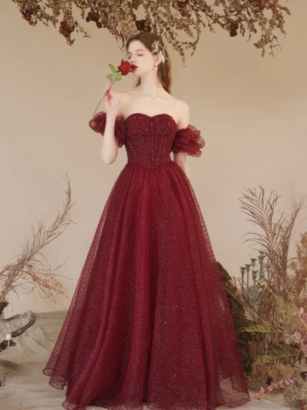 Bling Bling Burgundy Glitter Prom Dresses 2024 A-Line / Princess Off-The-Shoulder Short Sleeve Backless Floor-Length / Long Prom Formal Dresses