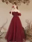 Bling Bling Burgundy Glitter Prom Dresses 2024 A-Line / Princess Off-The-Shoulder Short Sleeve Backless Floor-Length / Long Prom Formal Dresses