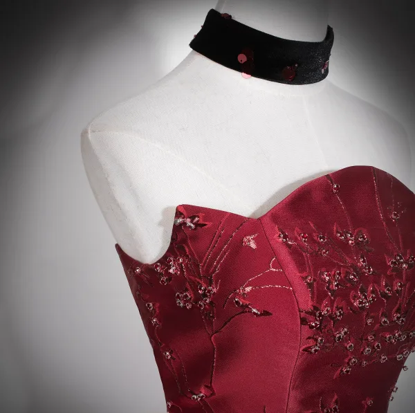 High-end Chinese style Burgundy Sequins Formal Dresses 2026 A-Line / Princess Strapless Sleeveless Backless Floor-Length / Long Evening Party Evening Dresses