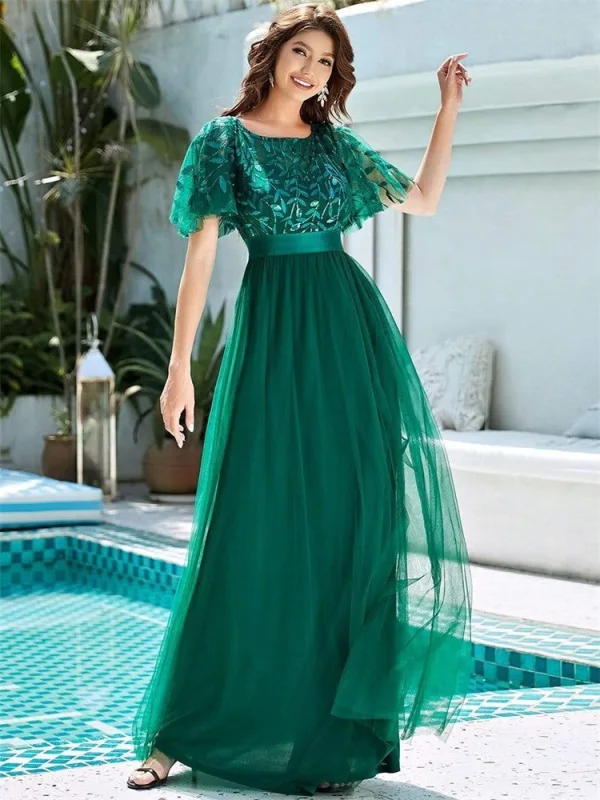 Vintage / Retro Navy Blue Lace Flower Sequins Prom Dresses 2023 A-Line / Princess Scoop Neck Short Sleeve Floor-Length / Long Prom Formal Dresses