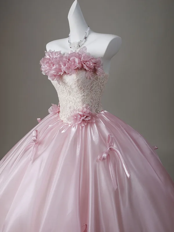 Chic / Beautiful Blushing Pink Appliques Lace Flower Bow Prom Dresses 2026 Ball Gown Strapless Sleeveless Backless Floor-Length / Long Prom Formal Dresses