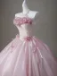 Chic / Beautiful Blushing Pink Appliques Lace Flower Bow Prom Dresses 2026 Ball Gown Strapless Sleeveless Backless Floor-Length / Long Prom Formal Dresses