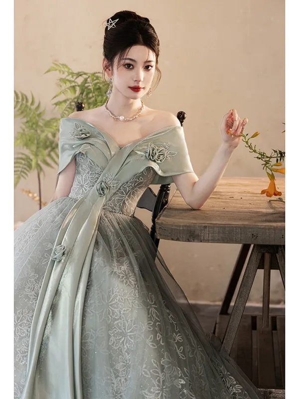 Chic / Beautiful Sage Green Printing Sequins Prom Dresses 2024 A-Line / Princess Off-The-Shoulder Short Sleeve Backless Floor-Length / Long Prom Formal Dresses