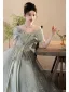 Chic / Beautiful Sage Green Printing Sequins Prom Dresses 2024 A-Line / Princess Off-The-Shoulder Short Sleeve Backless Floor-Length / Long Prom Formal Dresses