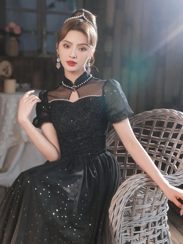 Chic / Belle Noire Perlage Perle Paillettes Robe De Soirée 2023 Princesse Col Haut Manches Courtes Longue Soirée Robe De Ceremonie