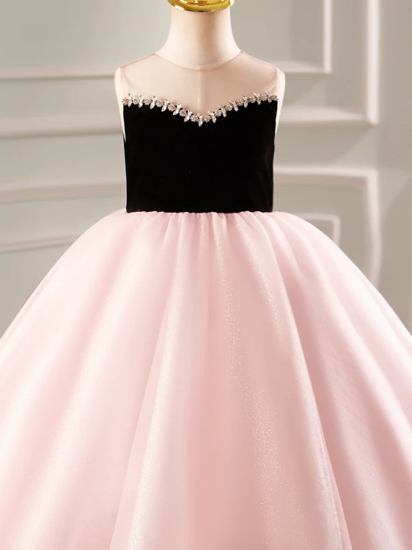 Elegant Blushing Pink Rhinestone Birthday Flower Girl Dresses 2023 Ball Gown Scoop Neck Sleeveless Backless Tea-length
