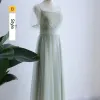 Modest / Simple Sage Green Bridesmaid Dresses 2023 A-Line / Princess Short Sleeve Backless Floor-Length / Long Bridesmaid Dresses
