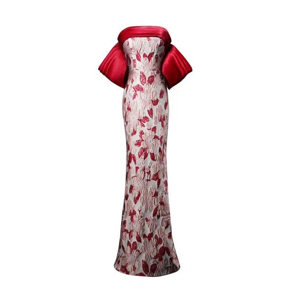 Vintage / Retro Burgundy Printing Evening Dresses 2022 Trumpet / Mermaid Off-The-Shoulder Short Sleeve Backless Floor-Length / Long Evening Party Formal Dresses