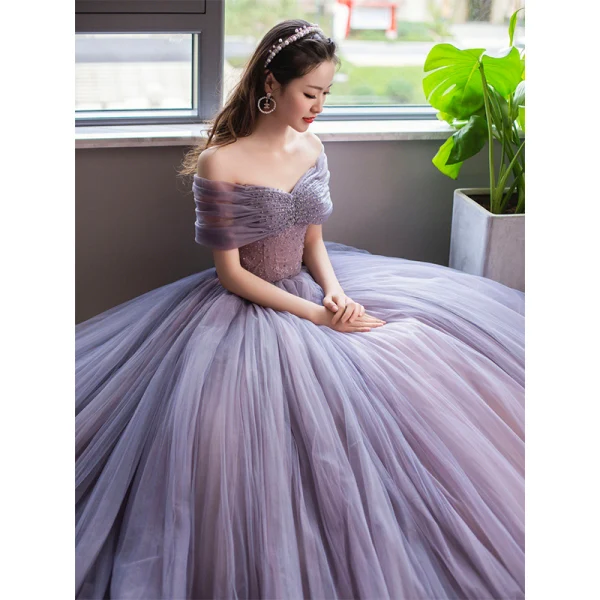Chic / Beautiful Lavender Beading Pleated Prom Dresses 2023 A-Line / Princess Off-The-Shoulder Short Sleeve Backless Floor-Length / Long Prom Formal Dresses