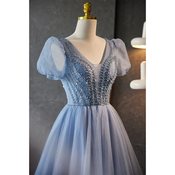 Chic / Beautiful Sky Blue Beading Rhinestone Prom Dresses 2023 A-Line / Princess V-Neck Puffy Short Sleeve Backless Floor-Length / Long Prom Formal Dresses