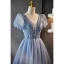 Chic / Beautiful Sky Blue Beading Rhinestone Prom Dresses 2023 A-Line / Princess V-Neck Puffy Short Sleeve Backless Floor-Length / Long Prom Formal Dresses