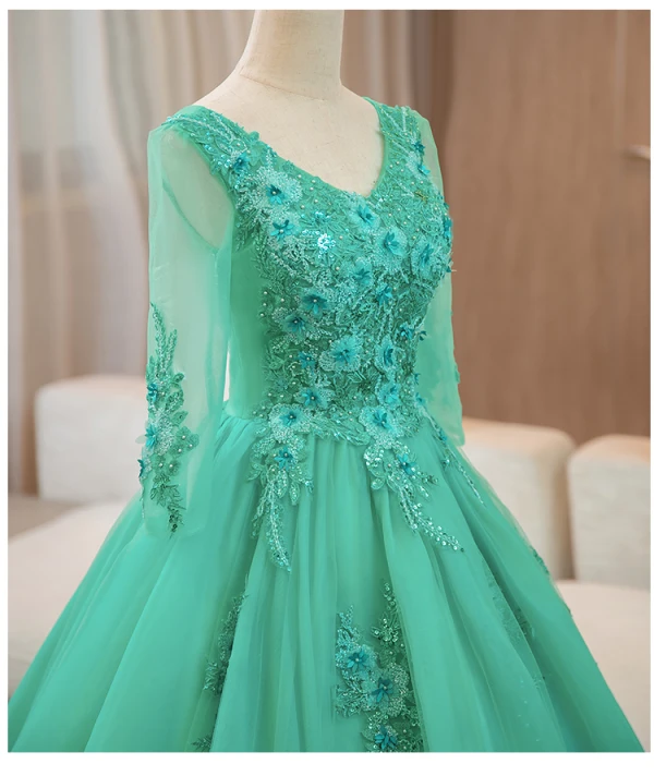 Elegant Mint Green Beading Sequins Pearl Lace Flower Appliques Prom Dresses 2024 Ball Gown V-Neck 3/4 Sleeve Backless Floor-Length / Long Prom