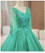 Elegant Mint Green Beading Sequins Pearl Lace Flower Appliques Prom Dresses 2024 Ball Gown V-Neck 3/4 Sleeve Backless Floor-Length / Long Prom