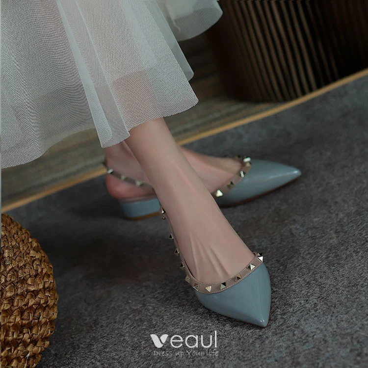 Charming Pool Blue Rivet Evening Party Womens Sandals 2022 Leather 3 cm Low Heel Thick Charming Pool Blue Rivet Evening Party Womens Sandals 2022 Leather 3 cm Low Heel Thick