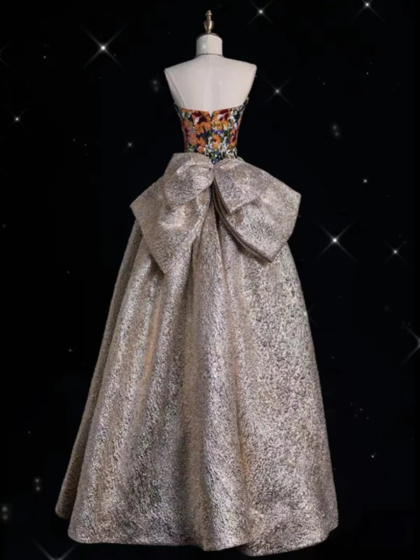 Vintage / Retro Unusual Gold Printing Sequins Prom Dresses 2024 A-Line / Princess Strapless Sleeveless Backless Bow Floor-Length / Long Prom Formal Dresses