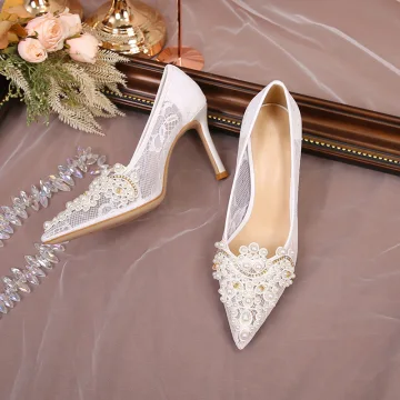 Charming White Pearl Rhinestone Lace Flower Wedding Shoes 2023 8 Cm Stiletto Heels Pointed Toe Wedding Pumps High Heels