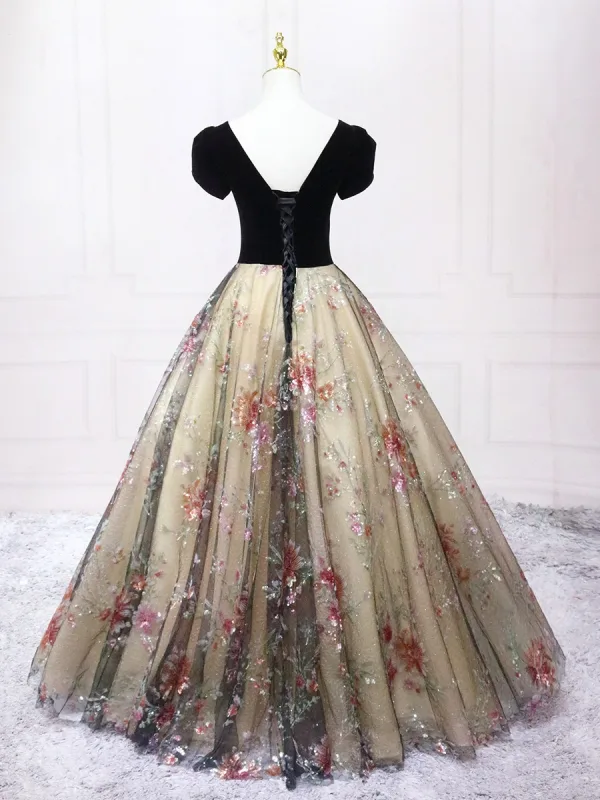 Elegante Schwarz Perlenstickerei Pailletten Ballkleider 2025 Ballkleid Eckiger Ausschnitt Kurze Ärmel Rückenfreies Lange Ball Festliche Kleider