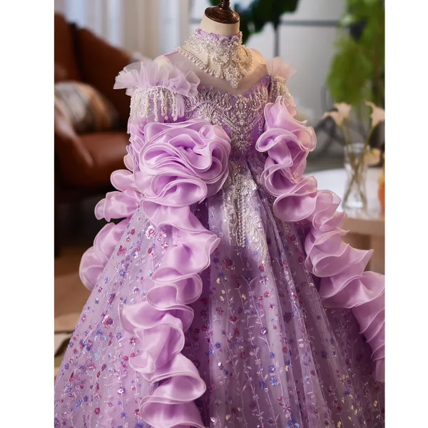 Flower Fairy Purple Beading Sequins Pearl Lace Flower Birthday Flower Girl Dresses 2025 Ball Gown High Neck Short Sleeve Backless Floor-Length / Long