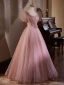 Chic / Beautiful Sky Blue Beading Pearl Appliques Prom Dresses 2024 Ball Gown Scoop Neck Puffy Short Sleeve Backless Floor-Length / Long Prom Formal Dresses