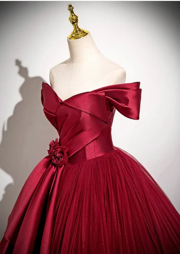 Elegant Burgundy Tulle Prom Dresses 2025 Ball Gown Off-The-Shoulder Short Sleeve Floor-Length / Long Prom Formal Dresses