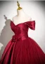 Elegant Burgundy Tulle Prom Dresses 2025 Ball Gown Off-The-Shoulder Short Sleeve Floor-Length / Long Prom Formal Dresses