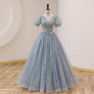 Élégant Bleu Ciel En Dentelle Perle Faux Diamant Robe De Bal 2022 Robe Boule V Cou Gonflée Manches Courtes Dos Nu Longue Promo Robe De Ceremonie
