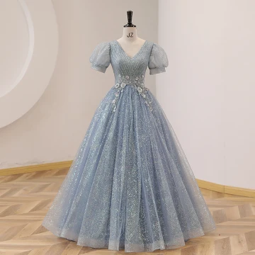 Élégant Bleu Ciel En Dentelle Perle Faux Diamant Robe De Bal 2022 Robe Boule V Cou Gonflée Manches Courtes Dos Nu Longue Promo Robe De Ceremonie