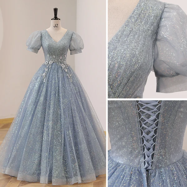 Elegant Sky Blue Lace Pearl Rhinestone Prom Dresses 2022 Ball Gown V-Neck Puffy Short Sleeve Backless Floor-Length / Long Prom Formal Dresses