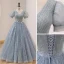 Elegant Sky Blue Lace Pearl Rhinestone Prom Dresses 2022 Ball Gown V-Neck Puffy Short Sleeve Backless Floor-Length / Long Prom Formal Dresses