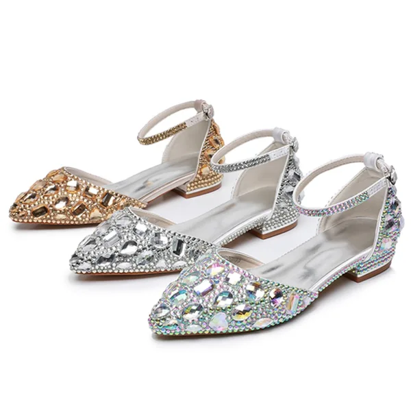 Scintillantes Argenté Faux Diamant Plat À Bout Pointu Chaussure De Mariée 2024 Mariage Sandales Talons Hauts