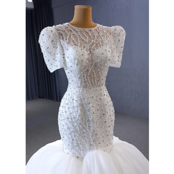High-end White Handmade  Beading Pearl Sequins Wedding Dresses 2023 Trumpet / Mermaid Scoop Neck Short Sleeve Court Train Wedding
