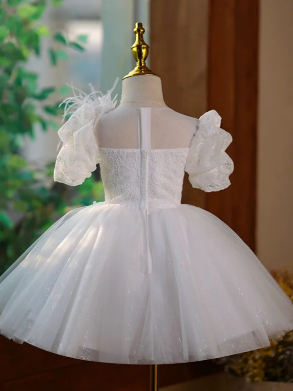 Fashion White Beading Sequins Tassel Short Birthday Flower Girl Dresses 2023 Ball Gown Scoop Neck Puffy Short Sleeve