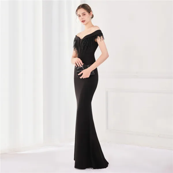 Sexy Black Satin Evening Dresses 2022 Trumpet / Mermaid Off-The-Shoulder Beading Tassel Sleeveless Backless Floor-Length / Long Evening Party Formal Dresses