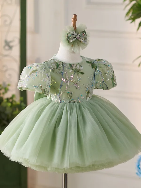 Chic / Beautiful Sage Green Lace Flower Sequins Bow Birthday Short Flower Girl Dresses 2024 Ball Gown Scoop Neck Puffy Short Sleeve