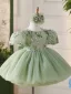 Chic / Beautiful Sage Green Lace Flower Sequins Bow Birthday Short Flower Girl Dresses 2024 Ball Gown Scoop Neck Puffy Short Sleeve
