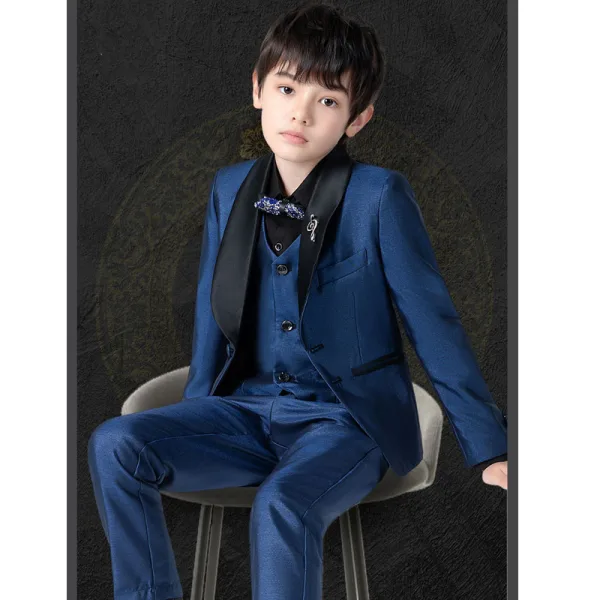 Bleu Marine 5 pièces Manches Longues Costume Garçon Mariage 2022 Manteau Pantalon Chemise Cravate Gilet