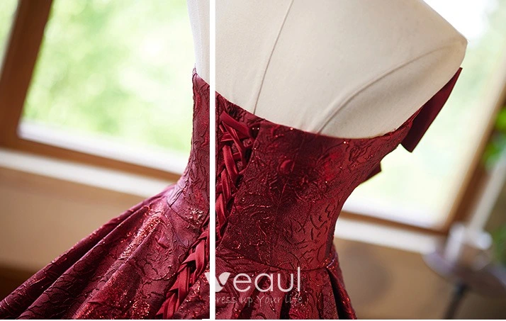Chic Beautiful Burgundy Bow Prom Dresses 2024 Ball Gown Strapless Sleeveless Backless Floor Length Long Prom Formal Dresses Chic Beautiful Burgundy Bow Prom Dresses 2024 Ball Gown Strapless Sleeveless Backless Floor Length Long Prom Formal Dresses
