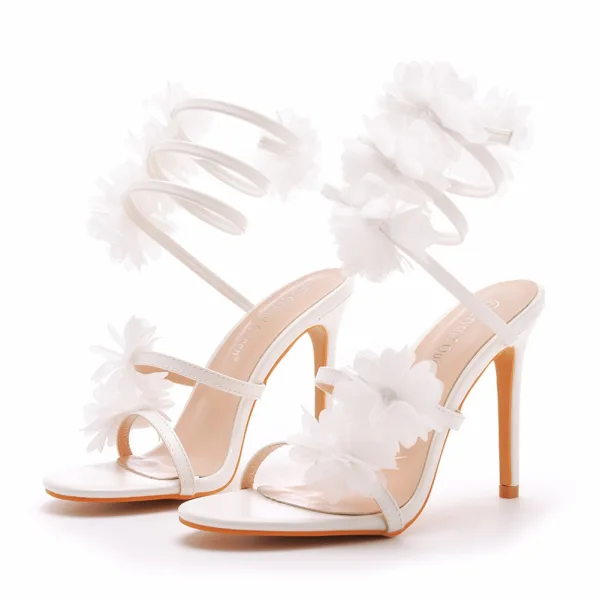 Sexy Charmant Weiß Applikationen Knöchelriemen Brautschuhe 2023 10 cm Stilettos Peeptoes Hochzeit Sandaletten Hochhackige