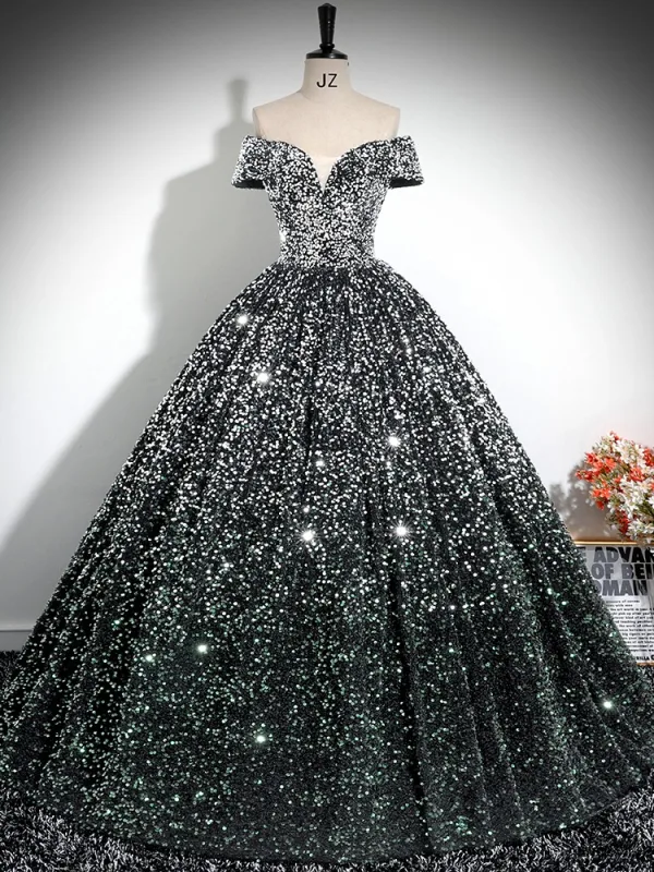 Scintillantes Noire Paillettes Robe De Bal 2024 Robe Boule De l'épaule Manches Courtes Dos Nu Longue Promo Robe De Ceremonie