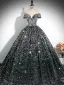 Scintillantes Noire Paillettes Robe De Bal 2024 Robe Boule De l'épaule Manches Courtes Dos Nu Longue Promo Robe De Ceremonie