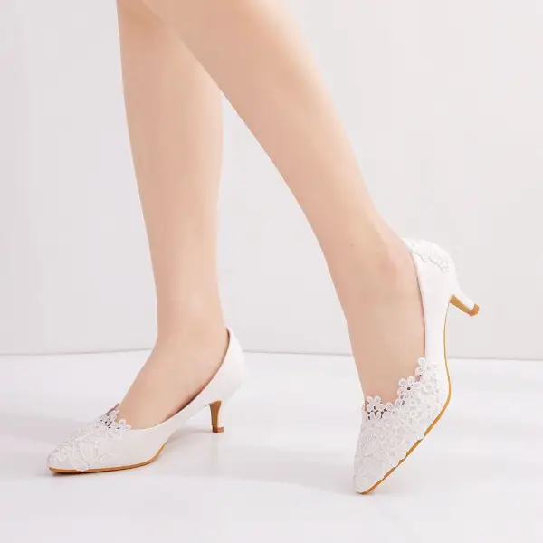 Élégant Blanche En Dentelle Fleur Chaussure De Mariée 2023 5 cm Talons Aiguilles À Bout Pointu Mariage Escarpins Talons Hauts