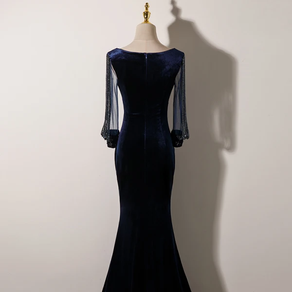Elegant Navy Blue Suede Evening Dresses 2022 Trumpet / Mermaid V-Neck Beading Tassel Long Sleeve Floor-Length / Long Evening Party Formal Dresses